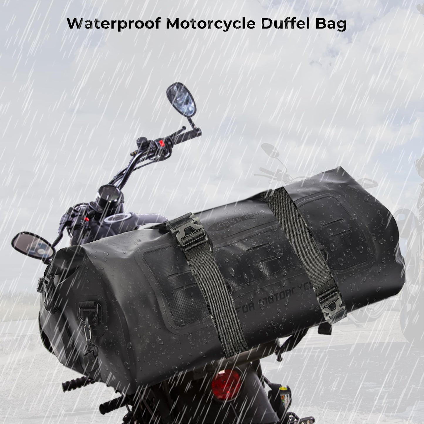 AFISHTOUR 40L Waterproof Motorcycle Duffel Bag - Motorcycle Luggage Tail Bag with Straps for Back Seat - Roll Top Dry Bag for Kayaking, Rafting, Boating, Camping, Travel, Beach (Black)