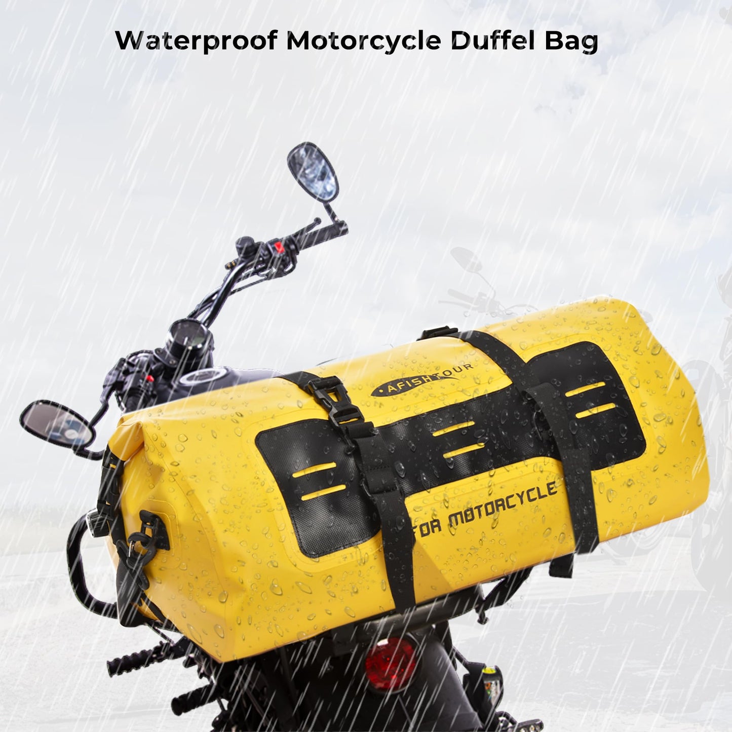 AFISHTOUR 40L Waterproof Motorcycle Duffel Bag - Motorcycle Luggage Tail Bag with Straps for Back Seat - Roll Top Dry Bag for Kayaking, Rafting, Boating, Camping, Travel, Beach (Yellow)