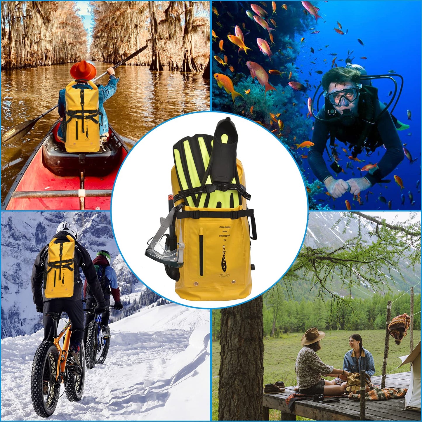 AFISHTOUR 35L Waterproof Backpack for Men and Women - Heavy Duty Roll-Top Floating Dry Bag Backpack for Kayaking, Rafting, Boating, Beach (Yellow)