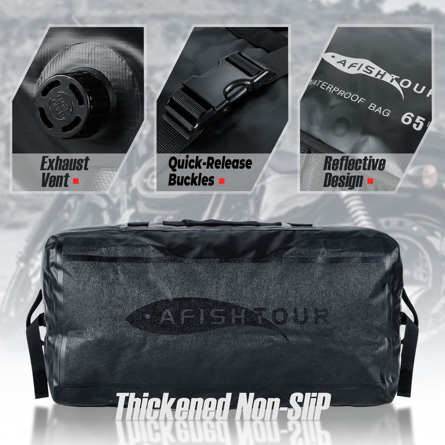 AFISHTOUR 65L Waterproof Duffel Bag for Men and Women - Large Motorcycle Duffle Bag with Straps for Back Seat - Roll Top Dry Bag for Kayaking, Rafting, Boating, Swimming, Camping, Travel, Beach