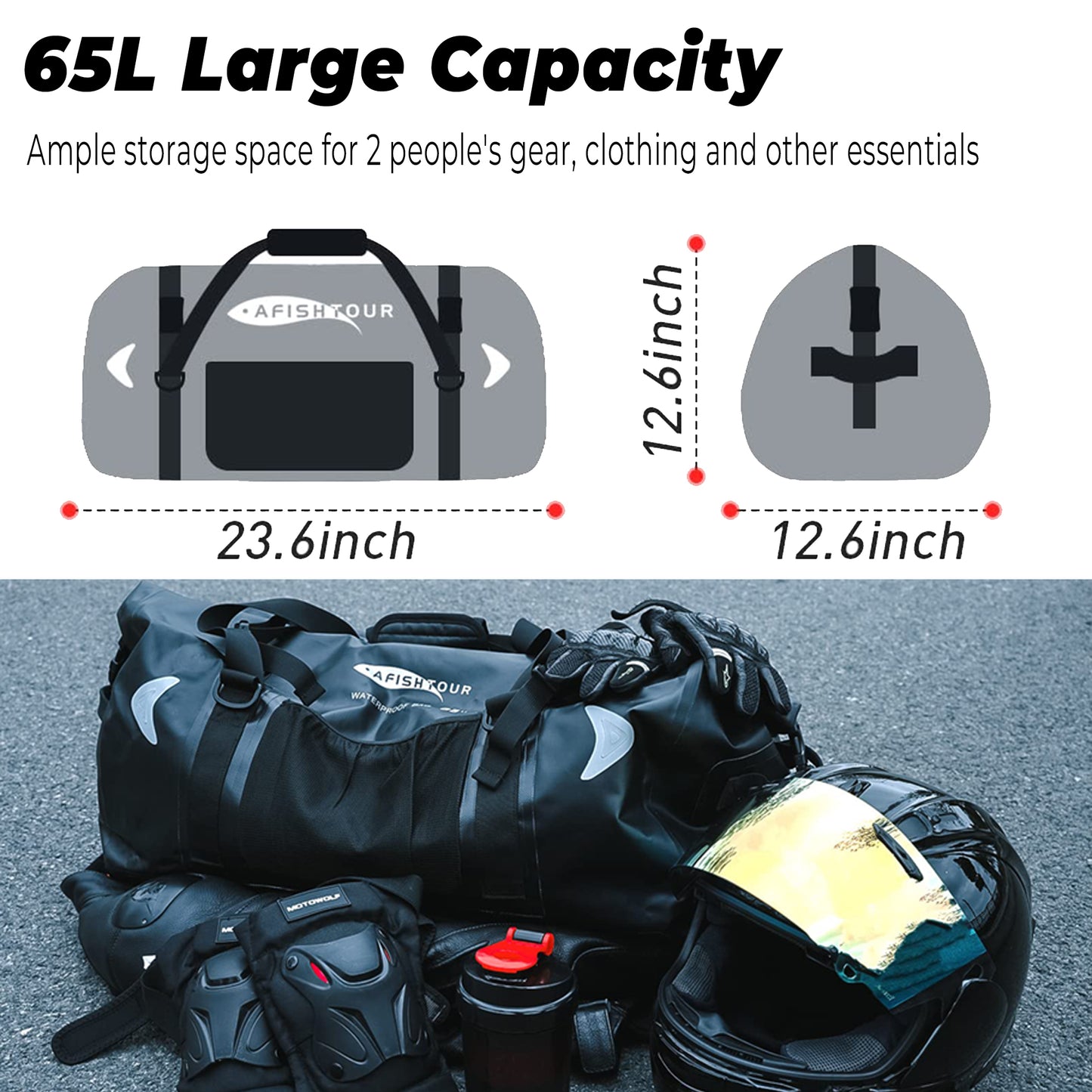 AFISHTOUR 65L Waterproof Duffel Bag for Men and Women - Large Motorcycle Duffle Bag with Straps for Back Seat - Roll Top Dry Bag for Kayaking, Rafting, Boating, Swimming, Camping, Travel, Beach