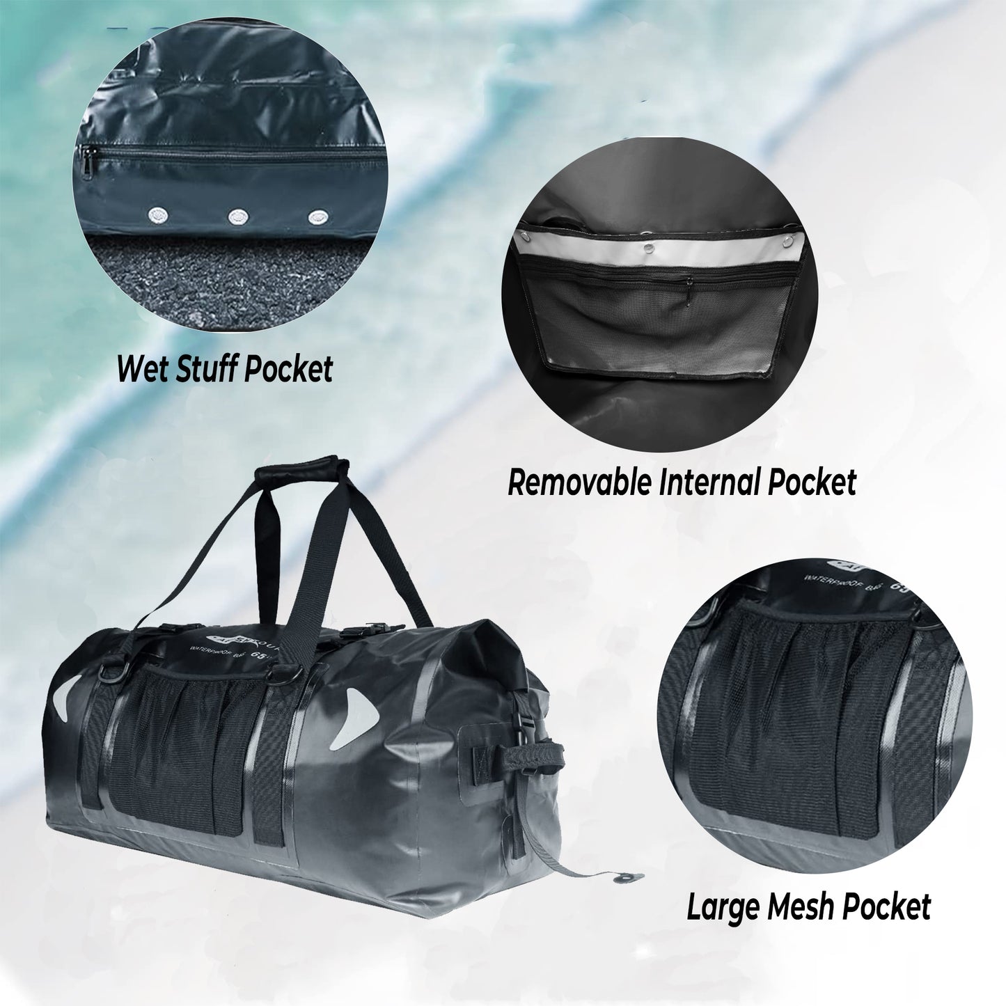 AFISHTOUR 65L Waterproof Duffel Bag for Men and Women - Large Motorcycle Duffle Bag with Straps for Back Seat - Roll Top Dry Bag for Kayaking, Rafting, Boating, Swimming, Camping, Travel, Beach