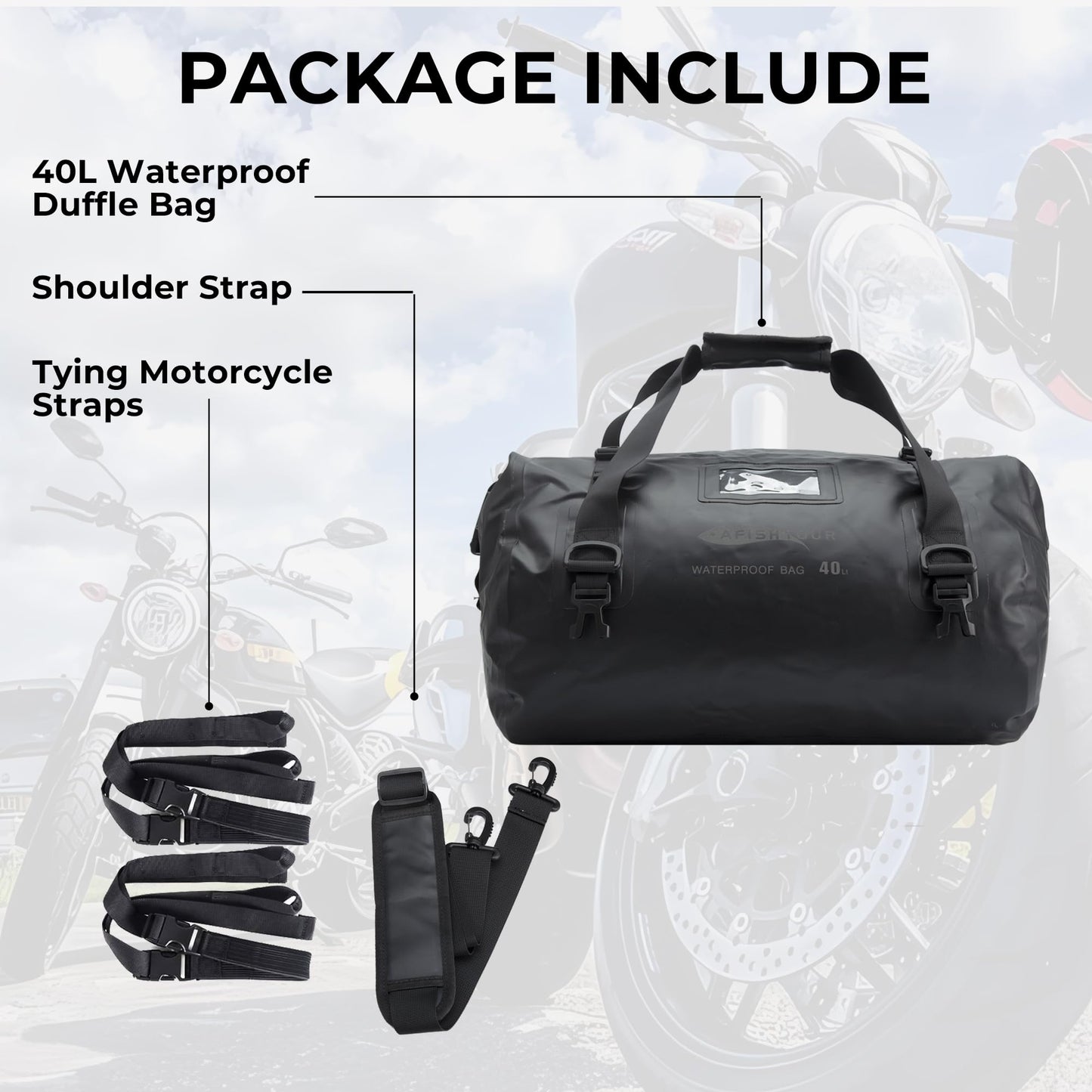 AFISHTOUR 40L Waterproof Motorcycle Duffel Bag - Motorcycle Luggage Tail Bag with Straps for Back Seat - Roll Top Dry Bag for Kayaking, Rafting, Boating, Beach (Black)