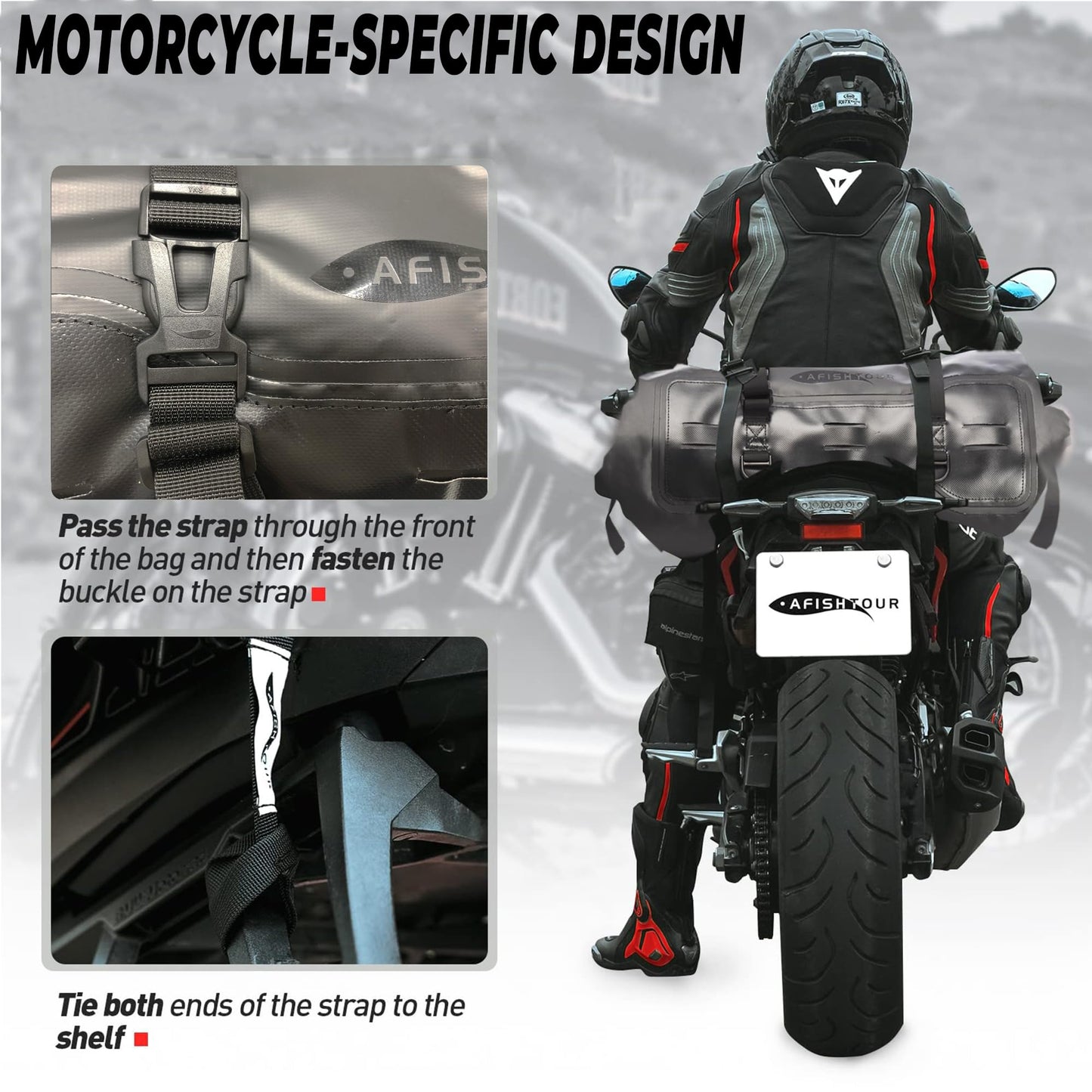AFISHTOUR 40L Waterproof Motorcycle Duffel Bag - Motorcycle Luggage Tail Bag with Straps for Back Seat - Roll Top Dry Bag for Kayaking, Rafting, Boating, Camping, Travel, Beach (Black)