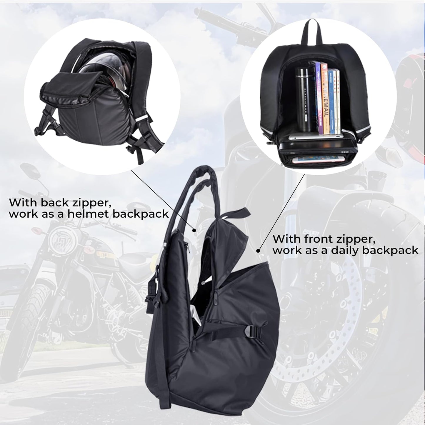 AFISHTOUR Waterproof Helmet Backpack for Motorcycle/Cycling/Skateboard, 30L Lightweight Motorbike Helmet Backpack for Men with Laptop Compartment, Inert Packet Reflective Logo (Black)