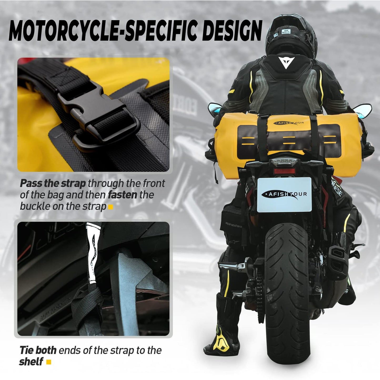 AFISHTOUR 40L Waterproof Motorcycle Duffel Bag - Motorcycle Luggage Tail Bag with Straps for Back Seat - Roll Top Dry Bag for Kayaking, Rafting, Boating, Camping, Travel, Beach (Yellow)