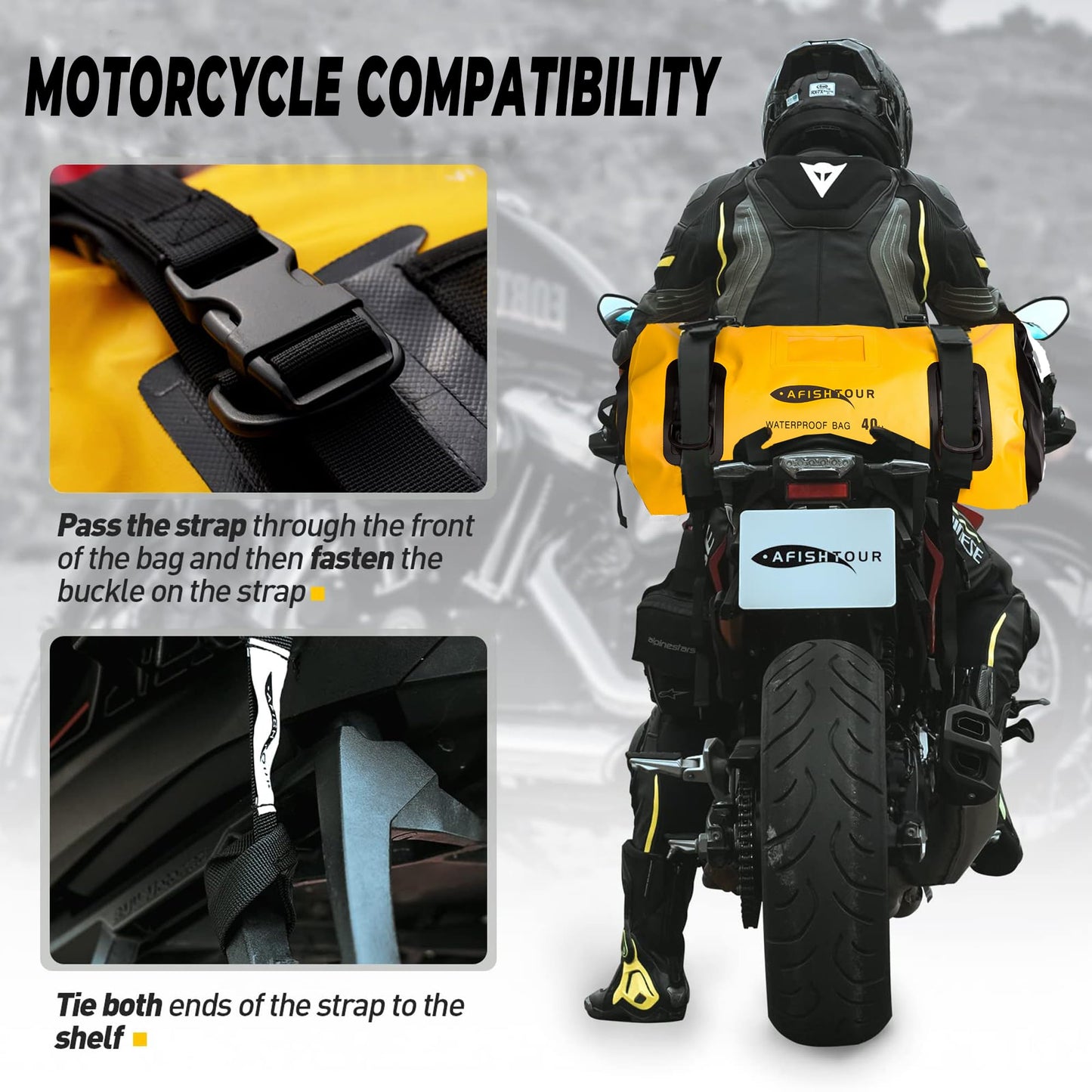 AFISHTOUR 40L Waterproof Motorcycle Duffel Bag - Motorcycle Luggage Tail Bag with Straps for Back Seat - Roll Top Dry Bag for Kayaking, Rafting, Boating, Beach (Yellow)