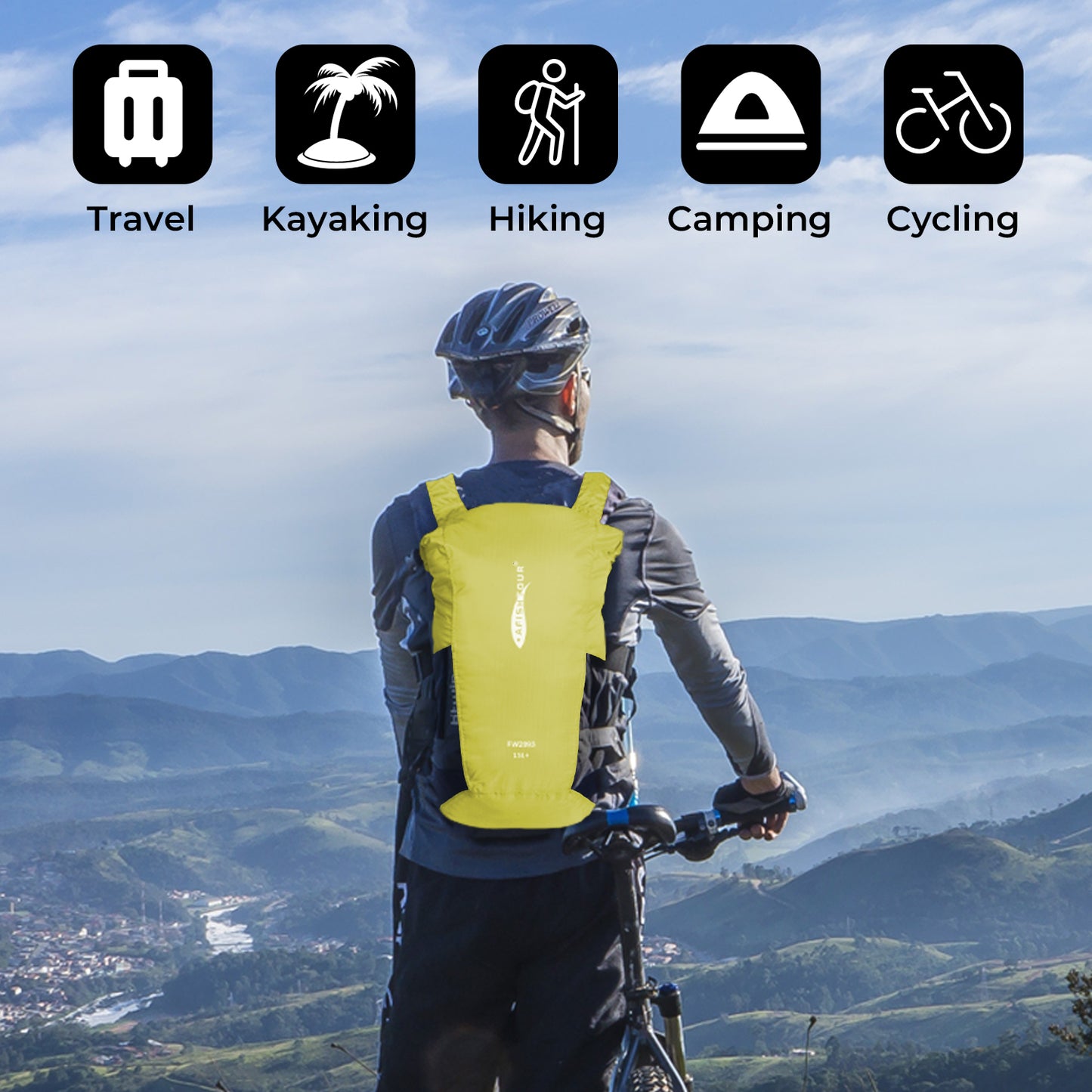 AFISHTOUR Ultralight Water Resistant Backpack for Men & Women, 15L Packable Hiking Daypack, Roll Top Closure Small Dry Bag Backpack for Cycling, Camping, Skiing, Boating (Yellow)