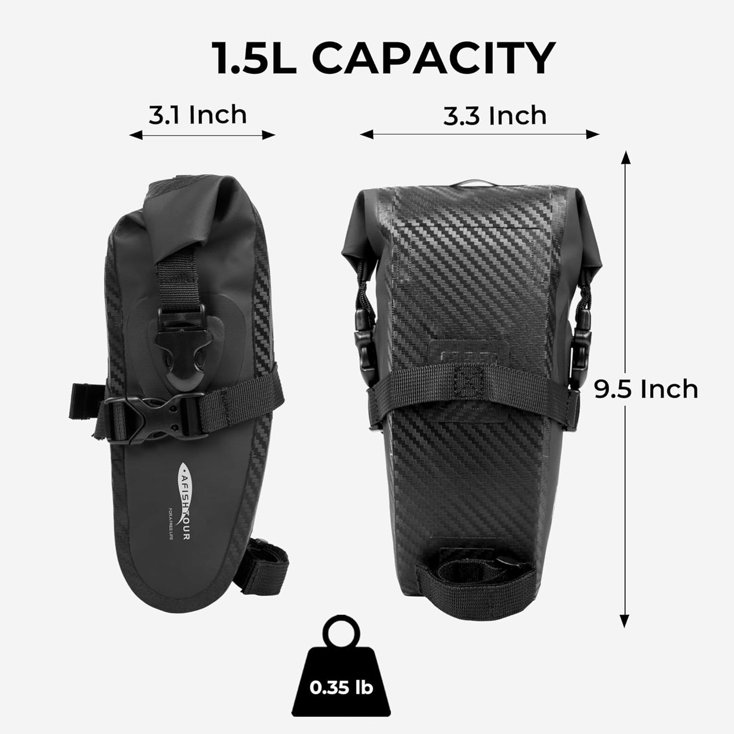 AFISHTOUR Waterproof Bicycle Saddle Bag - 1.5 L Roll-Top Closure Cycling Bike Seat Bag Under Seat Storage Pack for Mountain Road Bike Travel (Black)