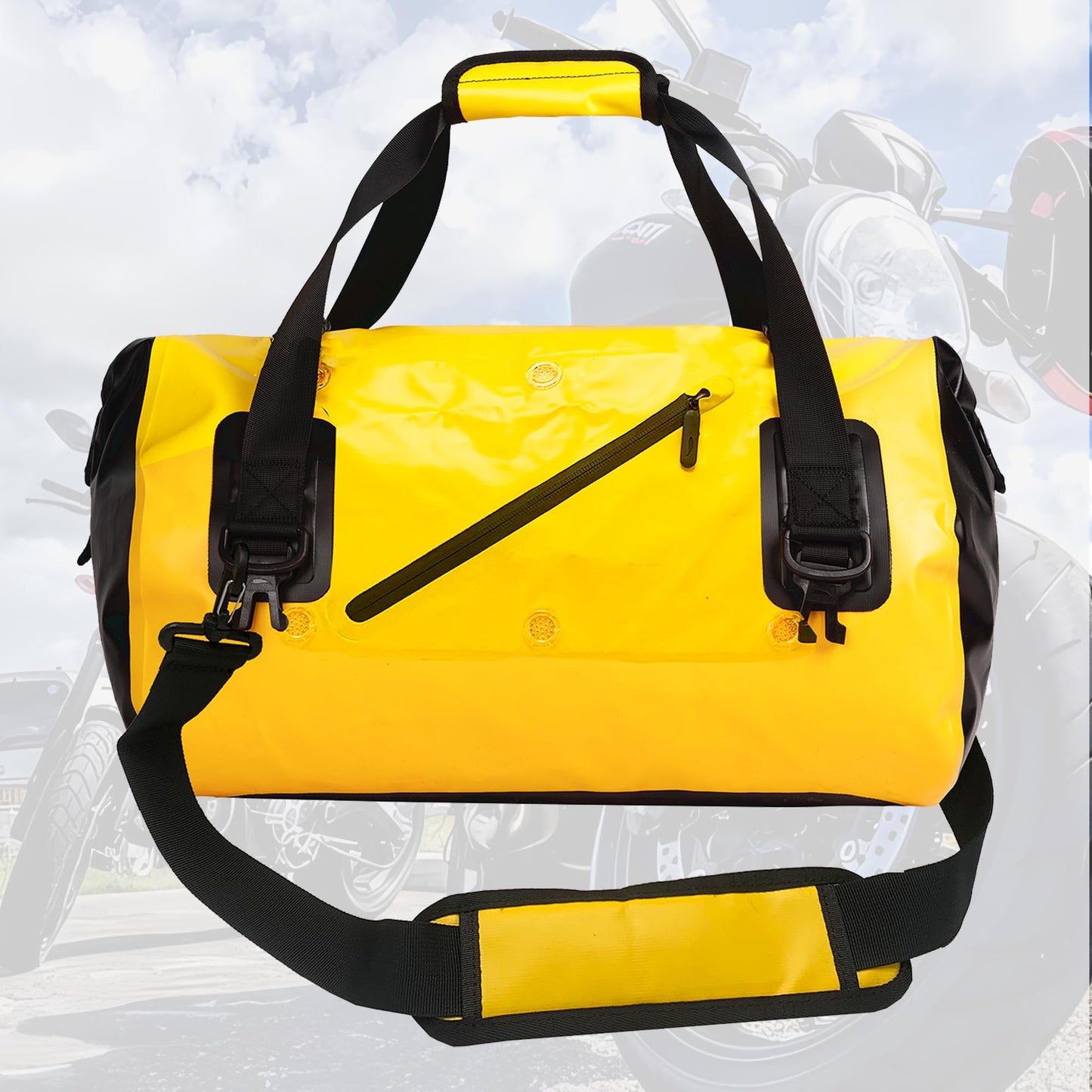 AFISHTOUR 40L Waterproof Motorcycle Duffel Bag - Motorcycle Luggage Tail Bag with Straps for Back Seat - Roll Top Dry Bag for Kayaking, Rafting, Boating, Beach (Yellow)