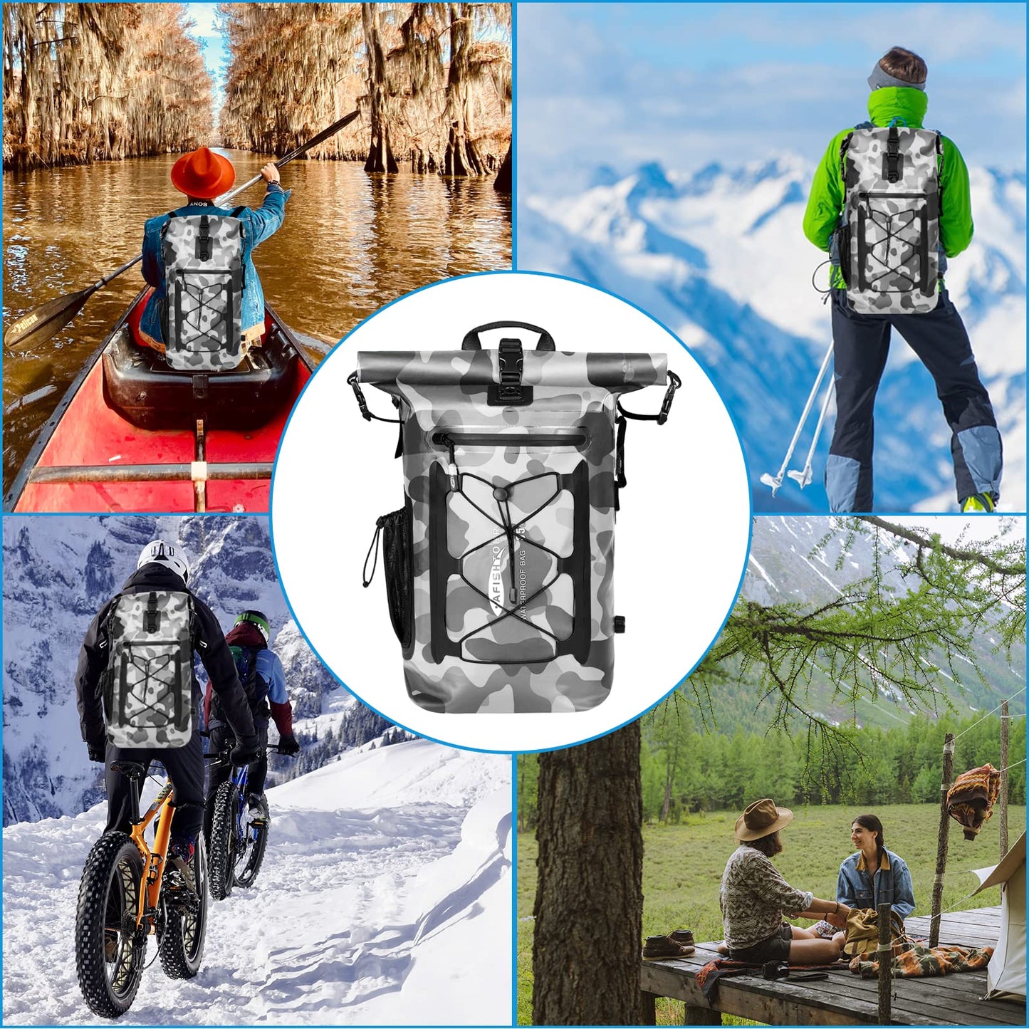 AFISHTOUR 35L Waterproof Backpack for Men and Women - Roll-Top Floating Dry Bag Backpack for Kayaking, Rafting, Boating, Beach (grey)