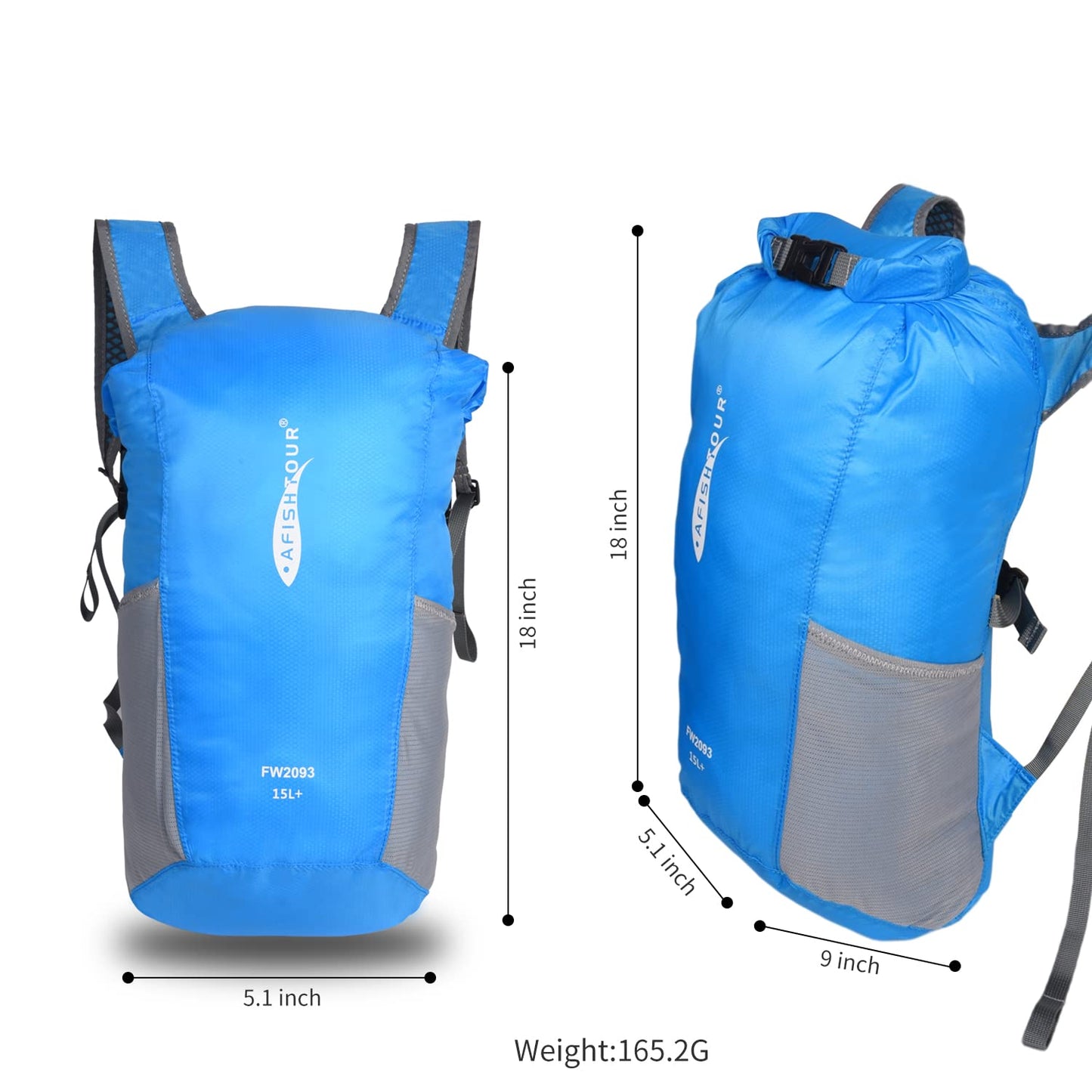 AFISHTOUR Ultralight Water Resistant Backpack for Men & Women, 15L Packable Hiking Daypack, Roll Top Closure Small Dry Bag Backpack for Cycling, Camping, Skiing, Boating (Blue)