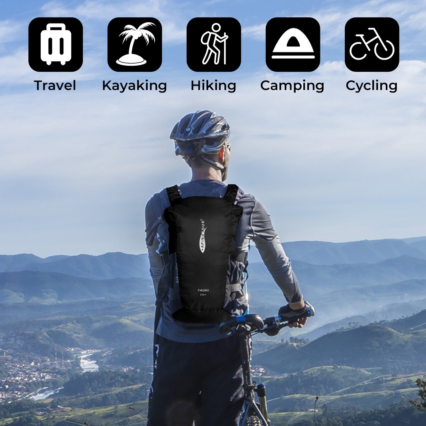 AFISHTOUR Ultralight Water Resistant Backpack for Men & Women, 15L Packable Hiking Daypack, Roll Top Closure Small Dry Bag Backpack for Cycling, Camping, Skiing, Boating (Black)