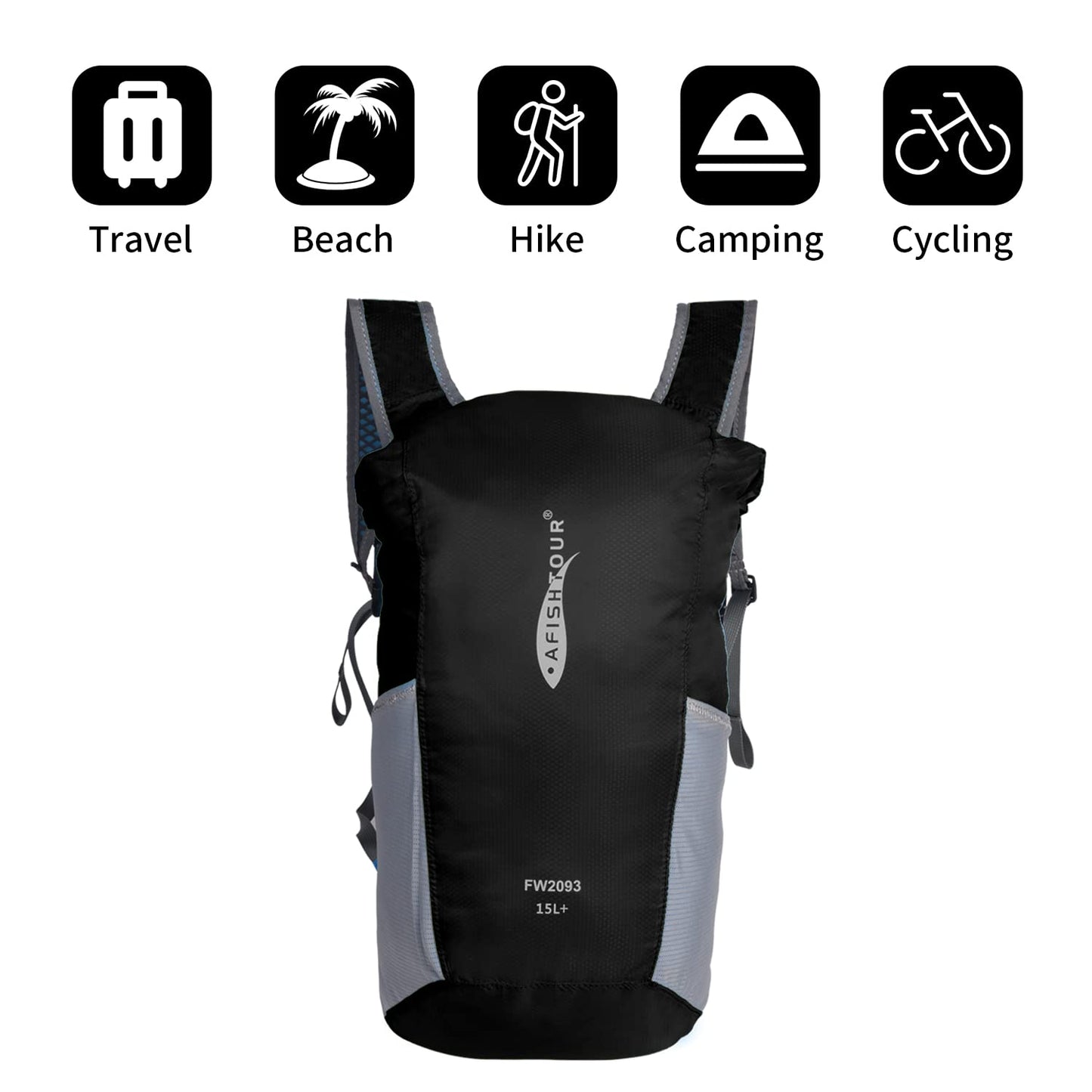 AFISHTOUR Ultralight Water Resistant Backpack for Men & Women, 15L Packable Hiking Daypack, Roll Top Closure Small Dry Bag Backpack for Cycling, Camping, Skiing, Boating (Black)