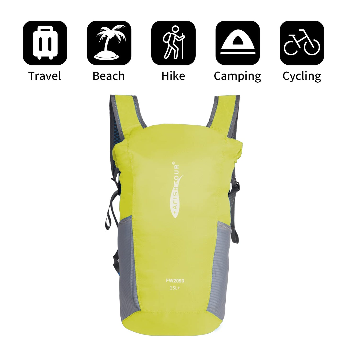 AFISHTOUR Ultralight Water Resistant Backpack for Men & Women, 15L Packable Hiking Daypack, Roll Top Closure Small Dry Bag Backpack for Cycling, Camping, Skiing, Boating (Yellow)