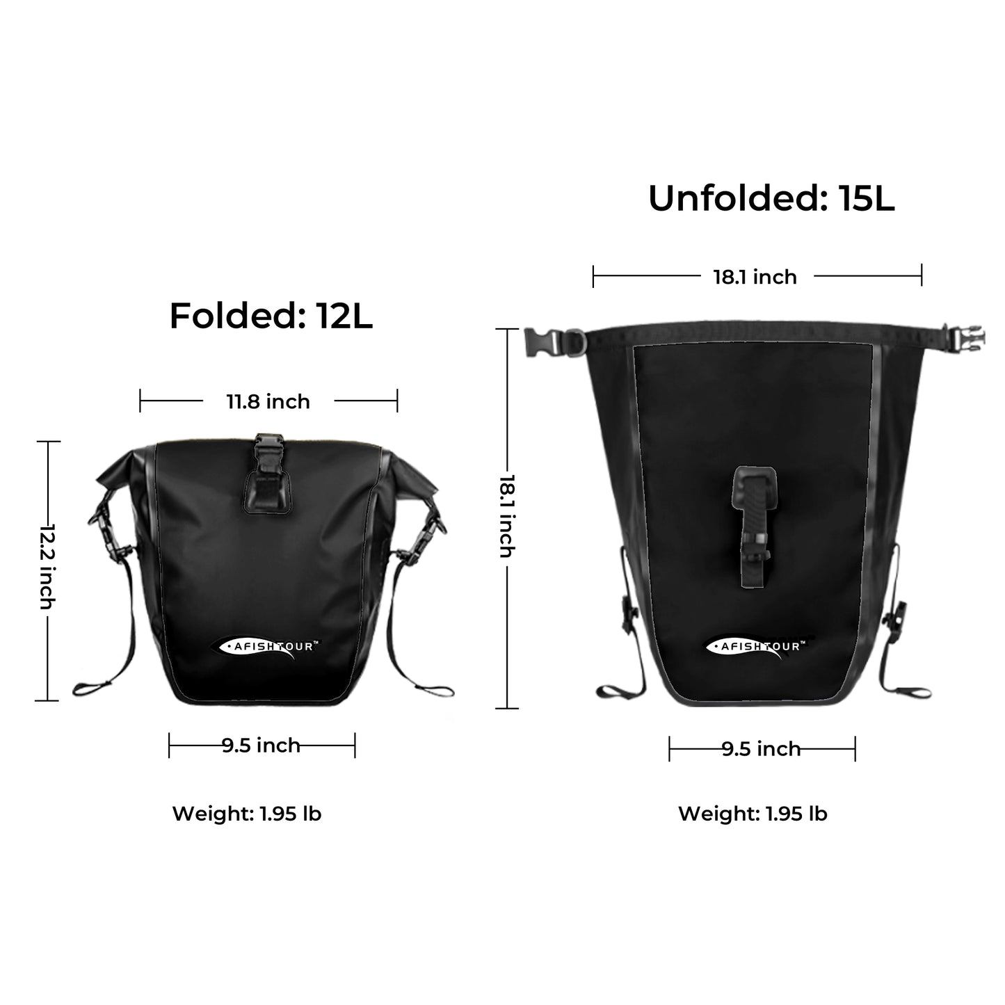 AFISHTOUR Waterproof Bike Panniers - 15L Saddle Bags for Bicycles Rear Rack - Bike Bag for Grocery, Laptop (Black)