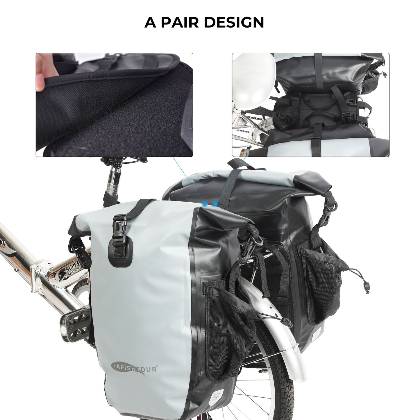 AFISHTOUR Waterproof Bike Panniers - 50L Saddle Bags for Bicycles Rear Rack - Bike Bag for Grocery, Laptop (Grey, 1 Pair)
