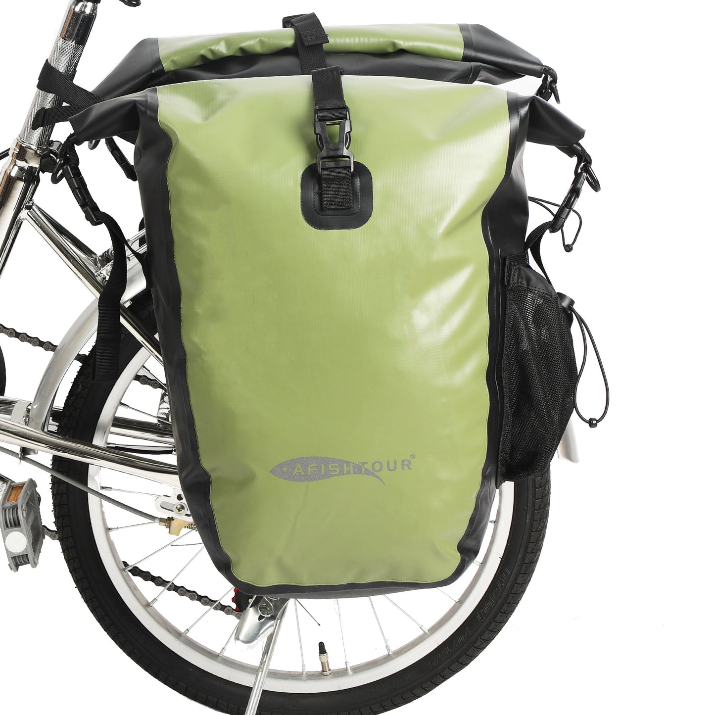 AFISHTOUR Waterproof Bike Panniers - 50L Saddle Bags for Bicycles Rear Rack - Bike Bag for Grocery, Laptop (Green, 1 Pair)