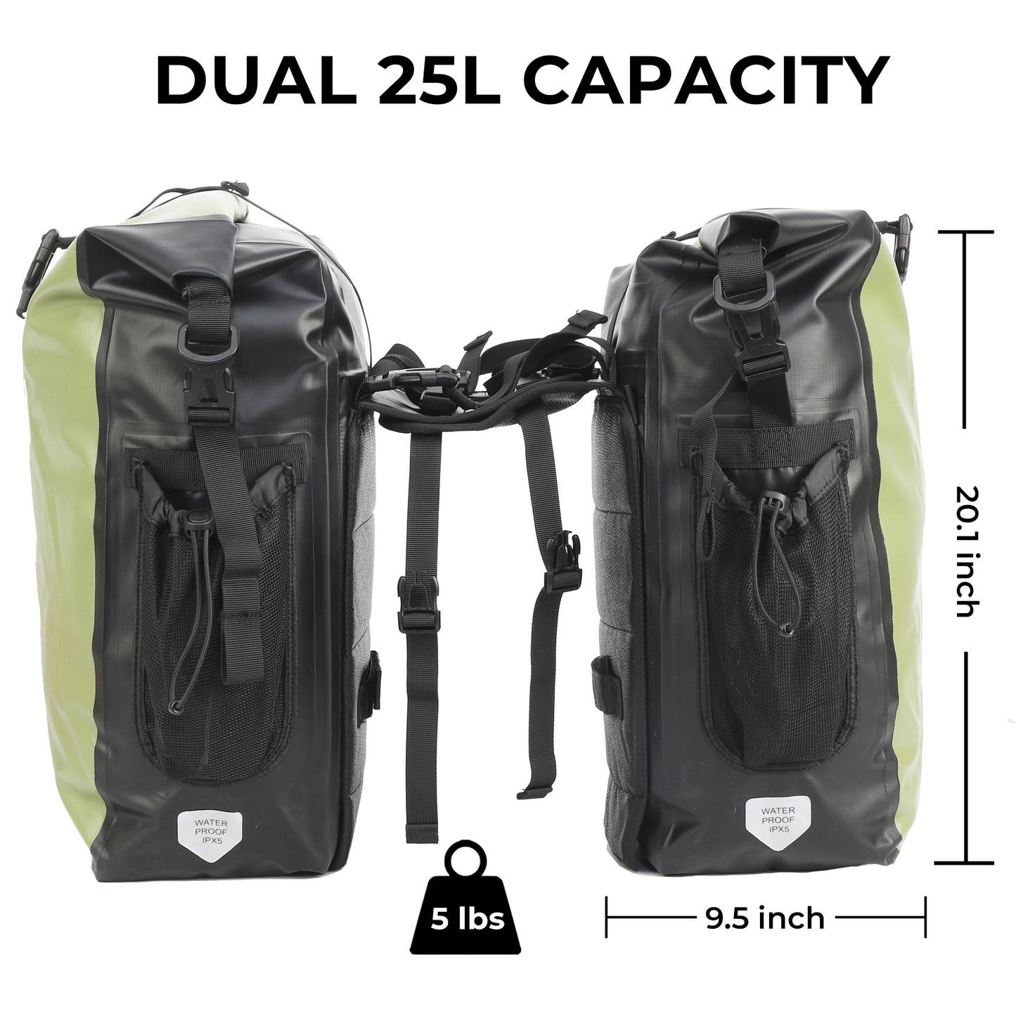 AFISHTOUR Waterproof Bike Panniers - 50L Saddle Bags for Bicycles Rear Rack - Bike Bag for Grocery, Laptop (Green, 1 Pair)