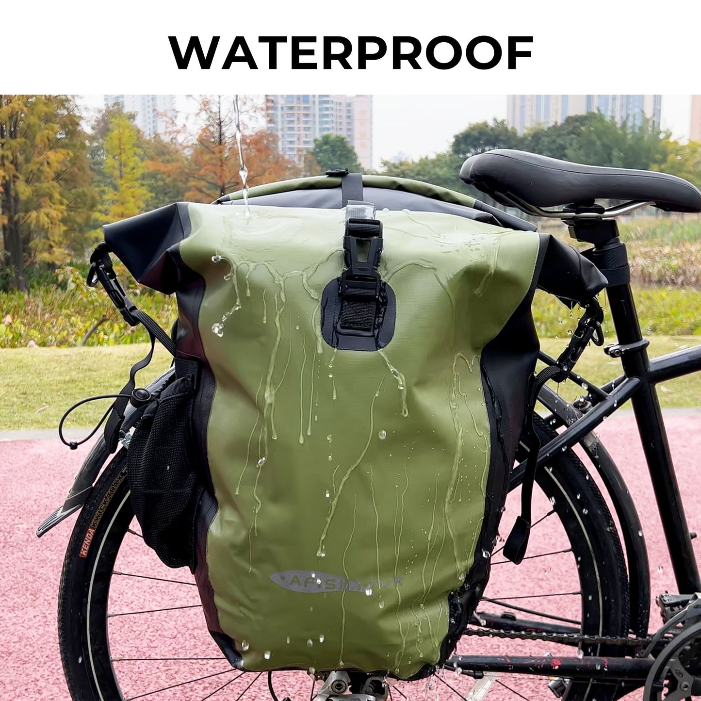 AFISHTOUR Waterproof Bike Panniers - 50L Saddle Bags for Bicycles Rear Rack - Bike Bag for Grocery, Laptop (Green, 1 Pair)