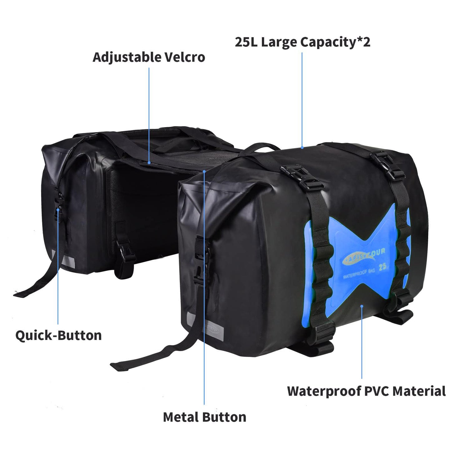 AFISHTOUR Waterproof Motorcycle Saddlebags - 50L Motorcycle Luggage Bags for Motorbike Travel - Motorcycle Panniers - Detachable Bag for Scooter, Honda, Suzuki, Yamaha (Bule, 2 Pack)
