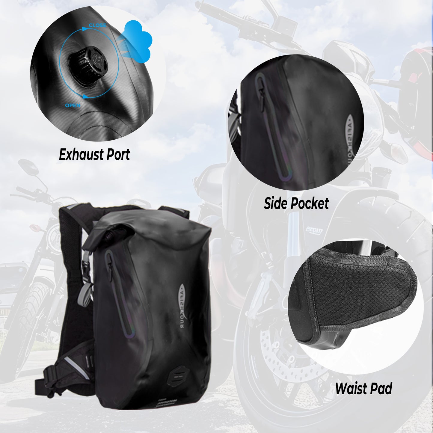 AFISHTOUR Waterproof Motorcycle Backpack for Men and Women - 25L Roll-Top Closure Dry Bag Backpack with Vest-Like Shoulder Straps, Side Pockets, Reflective Logo (Black)