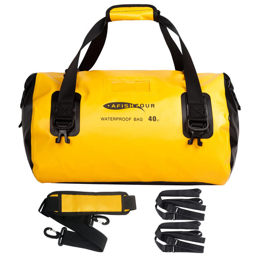 AFISHTOUR 40L Waterproof Motorcycle Duffel Bag - Motorcycle Luggage Tail Bag with Straps for Back Seat - Roll Top Dry Bag for Kayaking, Rafting, Boating, Beach (Yellow)