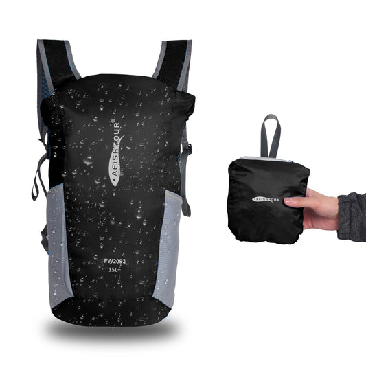 AFISHTOUR Ultralight Water Resistant Backpack for Men & Women, 15L Packable Hiking Daypack, Roll Top Closure Small Dry Bag Backpack for Cycling, Camping, Skiing, Boating (Black)