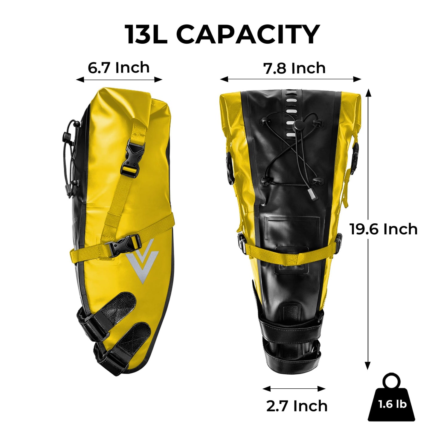 AFISHTOUR Waterproof Bicycle Saddle Bag - 13L Roll-Top Closure Cycling Bike Seat Bag Under Seat Storage Pack for Mountain Road Bike Travel (Yellow)