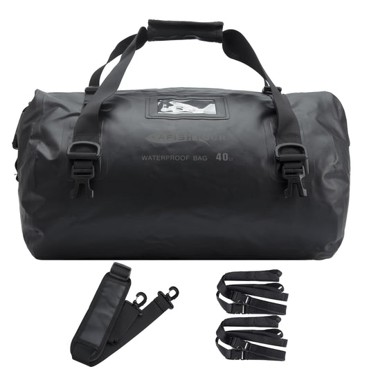 AFISHTOUR 40L Waterproof Motorcycle Duffel Bag - Motorcycle Luggage Tail Bag with Straps for Back Seat - Roll Top Dry Bag for Kayaking, Rafting, Boating, Beach (Black)