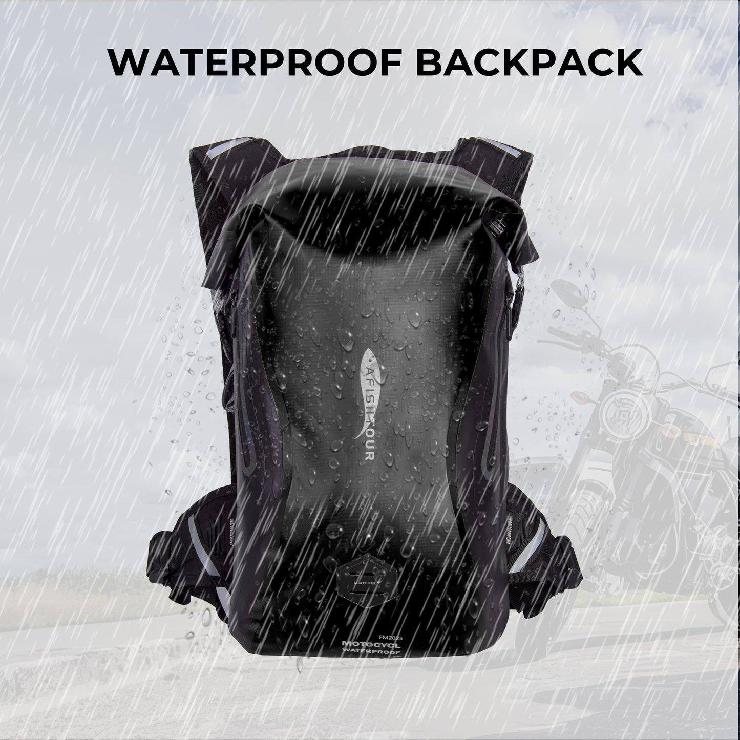 AFISHTOUR Waterproof Motorcycle Backpack for Men and Women - 25L Roll-Top Closure Dry Bag Backpack with Vest-Like Shoulder Straps, Side Pockets, Reflective Logo (Black)