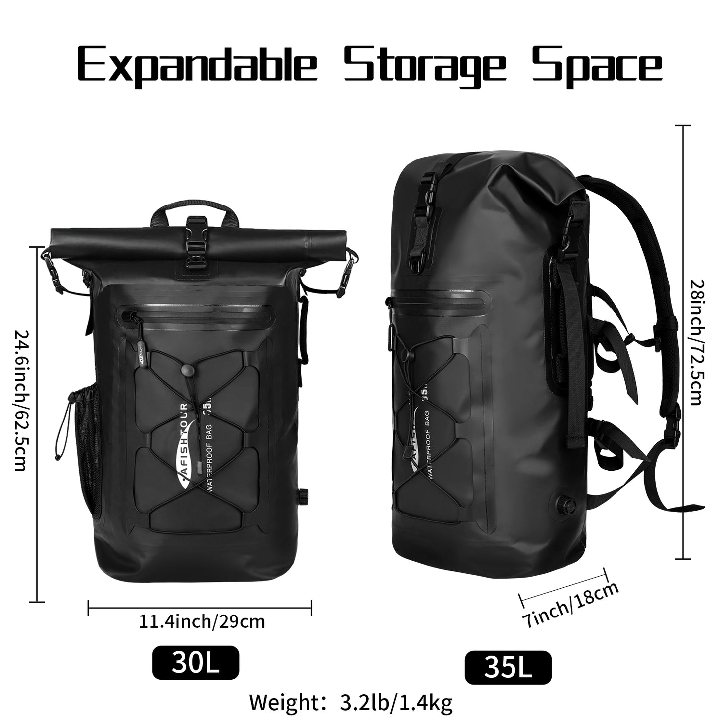 AFISHTOUR 35L Waterproof Backpack for Men and Women - Roll-Top Floating Dry Bag Backpack for Kayaking, Rafting, Boating, Beach (Black)