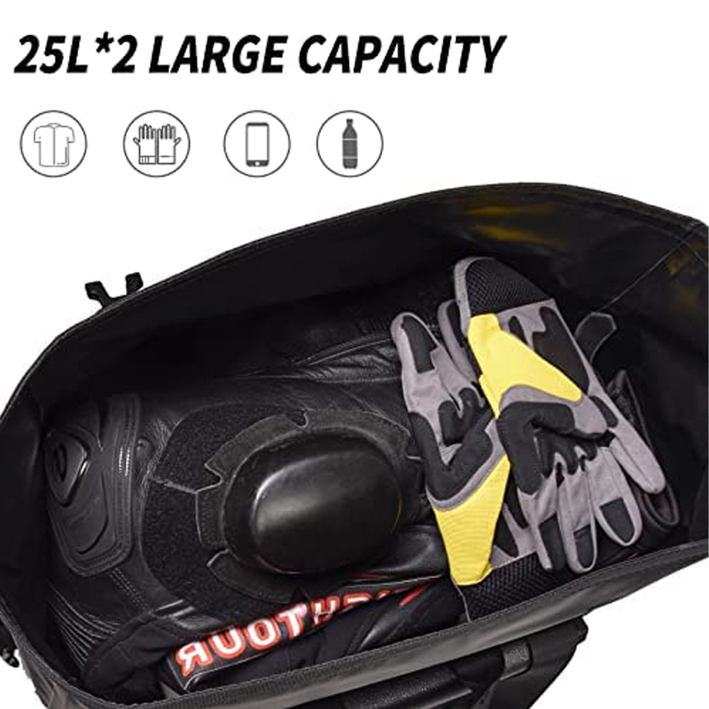 AFISHTOUR Waterproof Motorcycle Saddlebags - 50L Motorcycle Luggage Bags for Motorbike Travel - Motorcycle Panniers - Detachable Bag for Scooter, Honda, Suzuki, Yamaha (Black, 2 Pack)