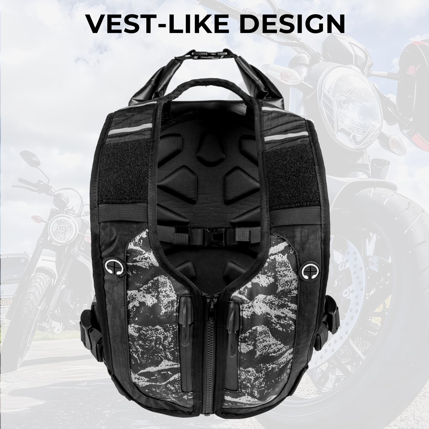AFISHTOUR Waterproof Motorcycle Backpack for Men and Women - 25L Roll-Top Closure Dry Bag Backpack with Vest-Like Shoulder Straps, Side Pockets, Reflective Logo (Black)