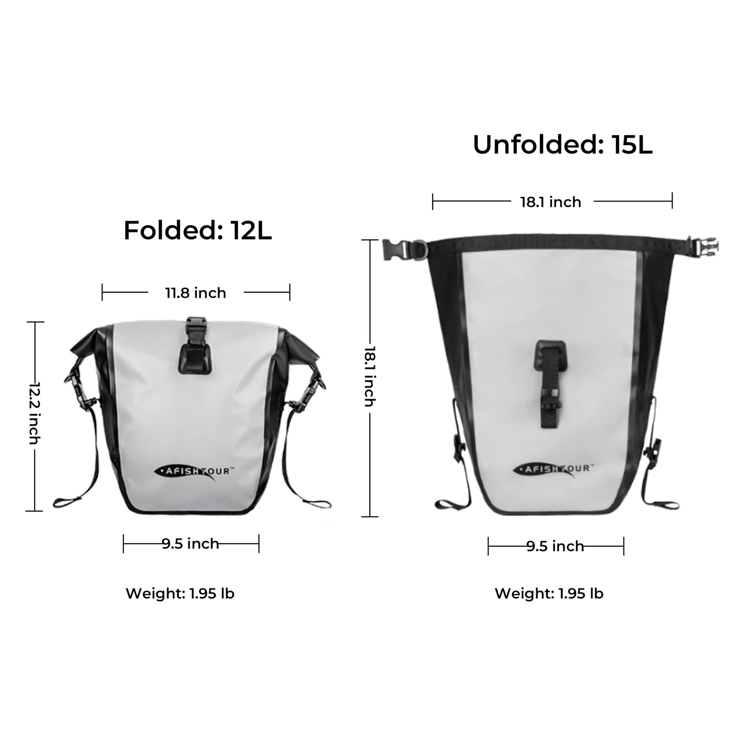 AFISHTOUR Waterproof Bike Panniers  - 15L Saddle Bags for Bicycles Rear Rack - Bike Bag for Grocery, Laptop (Grey)