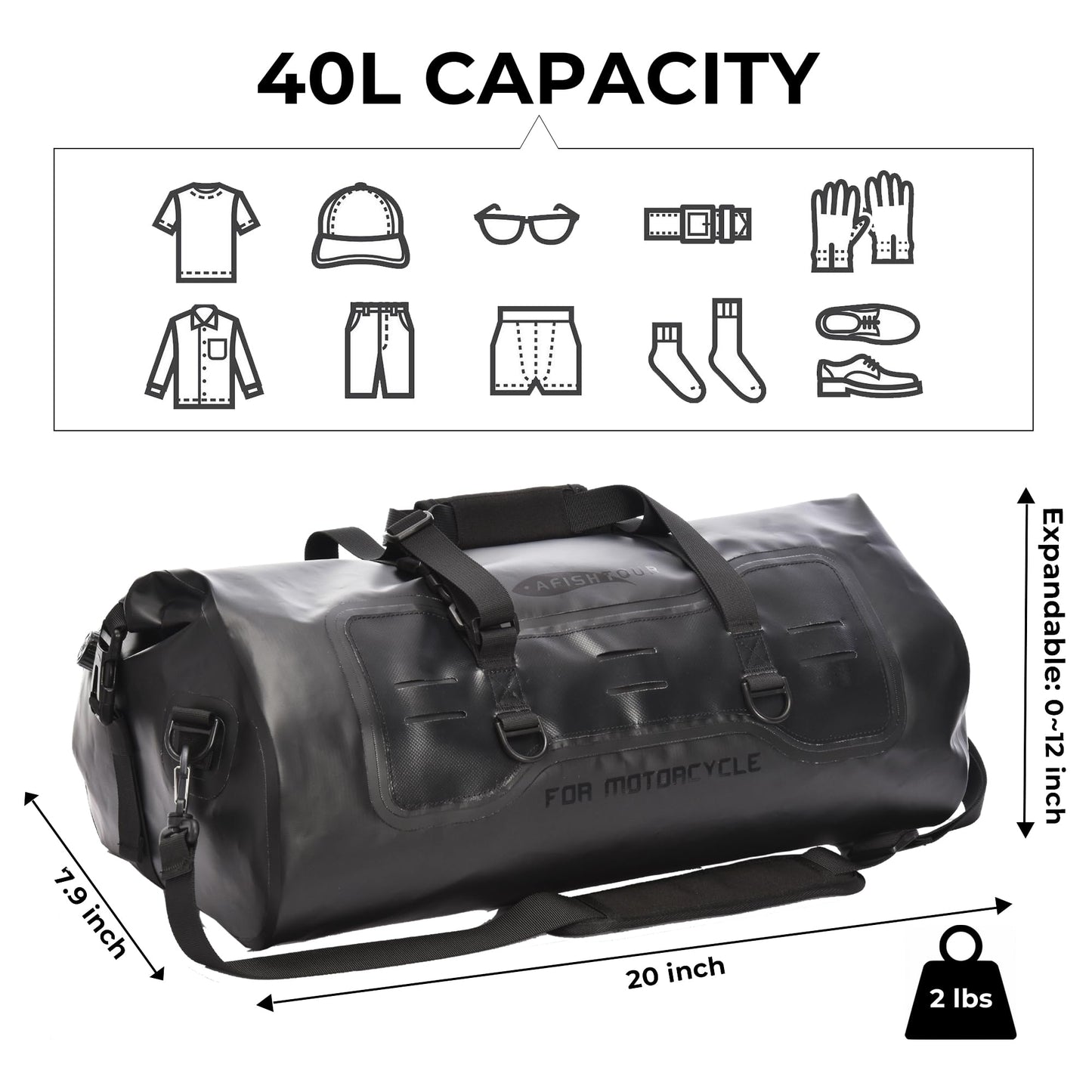 AFISHTOUR 40L Waterproof Motorcycle Duffel Bag - Motorcycle Luggage Tail Bag with Straps for Back Seat - Roll Top Dry Bag for Kayaking, Rafting, Boating, Camping, Travel, Beach (Black)