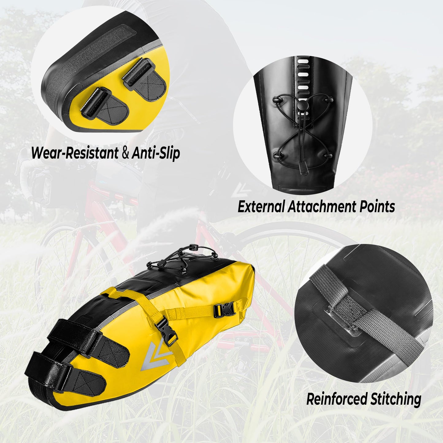 AFISHTOUR Waterproof Bicycle Saddle Bag - 10L Roll-Top Closure Cycling Bike Seat Bag Under Seat Storage Pack for Mountain Road Bike Travel (Yellow)