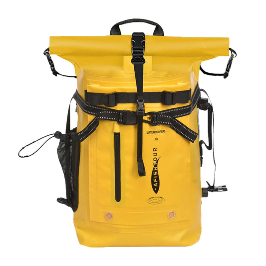 AFISHTOUR 35L Waterproof Backpack for Men and Women - Heavy Duty Roll-Top Floating Dry Bag Backpack for Kayaking, Rafting, Boating, Beach (Yellow)