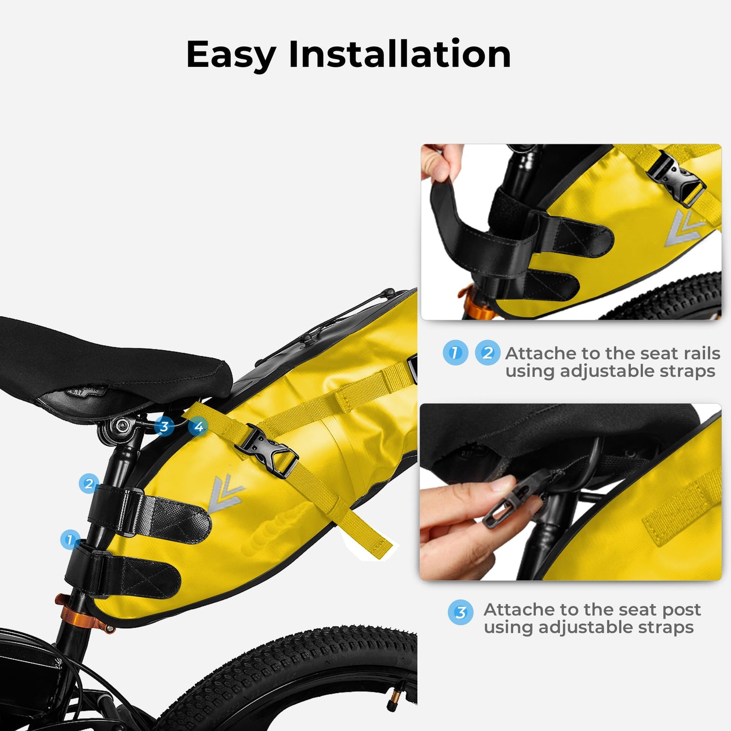 AFISHTOUR Waterproof Bicycle Saddle Bag - 10L Roll-Top Closure Cycling Bike Seat Bag Under Seat Storage Pack for Mountain Road Bike Travel (Yellow)