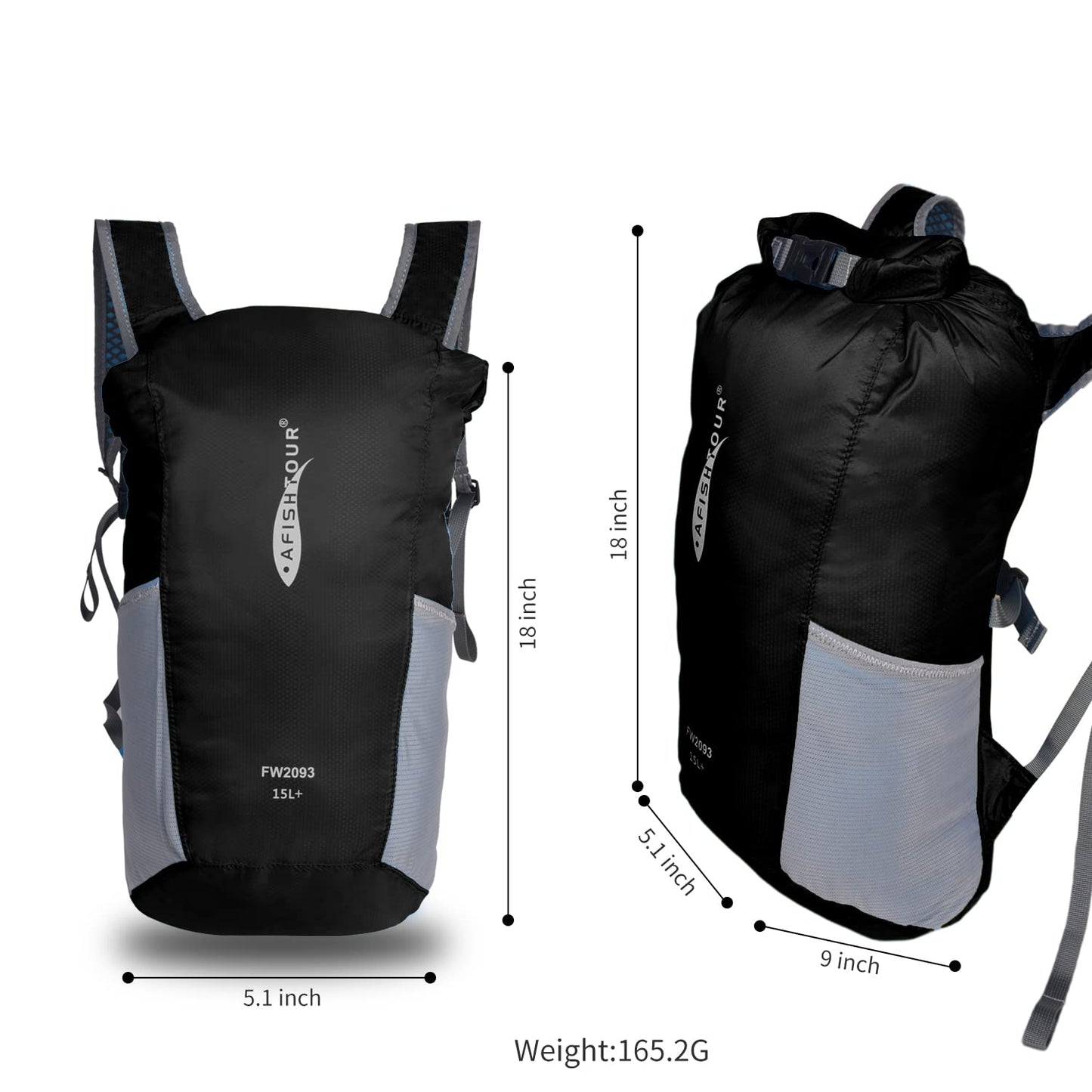 AFISHTOUR Ultralight Water Resistant Backpack for Men & Women, 15L Packable Hiking Daypack, Roll Top Closure Small Dry Bag Backpack for Cycling, Camping, Skiing, Boating (Black)