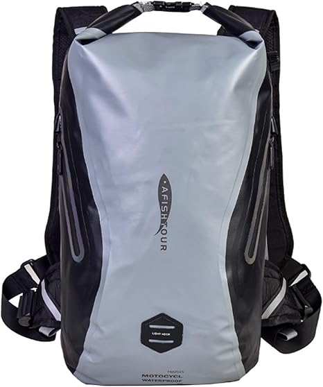 AFISHTOUR Waterproof Motorcycle Backpack for Men and Women - 25L Roll-Top Closure Dry Bag Backpack with Vest-Like Shoulder Straps, Side Pockets, Reflective Logo (Grey)