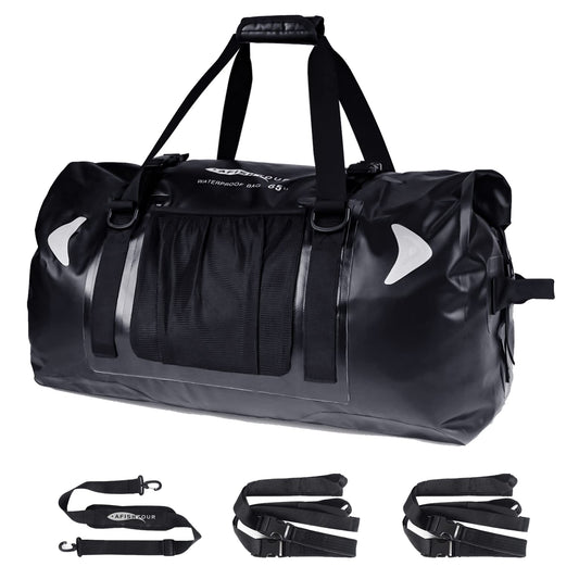 AFISHTOUR 65L Waterproof Duffel Bag for Men and Women - Large Motorcycle Duffle Bag with Straps for Back Seat - Roll Top Dry Bag for Kayaking, Rafting, Boating, Swimming, Camping, Travel, Beach