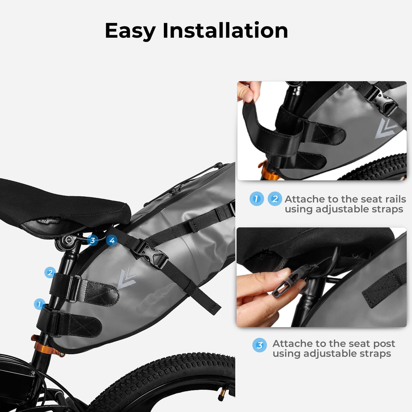 AFISHTOUR Waterproof Bicycle Saddle Bag - 10L Roll-Top Closure Cycling Bike Seat Bag Under Seat Storage Pack for Mountain Road Bike Travel (Grey)