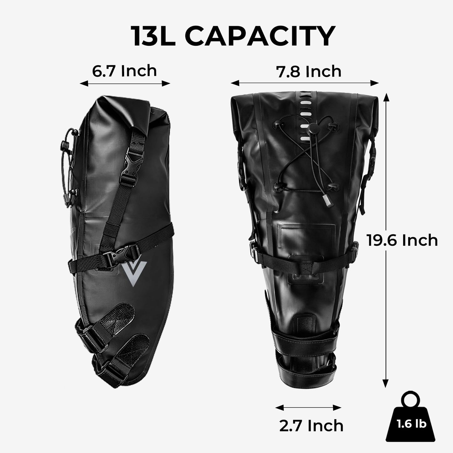 AFISHTOUR Waterproof Bicycle Saddle Bag - 13L Roll-Top Closure Cycling Bike Seat Bag Under Seat Storage Pack for Mountain Road Bike Travel (Black)