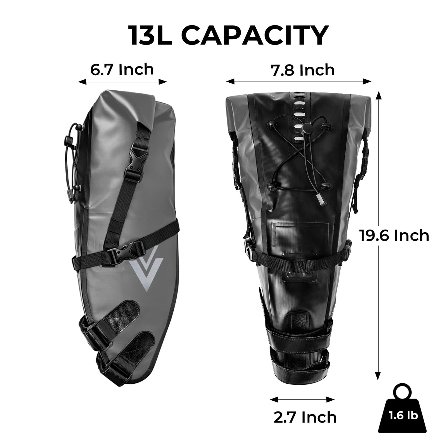 AFISHTOUR Waterproof Bicycle Saddle Bag - 13L Roll-Top Closure Cycling Bike Seat Bag Under Seat Storage Pack for Mountain Road Bike Travel (Grey)