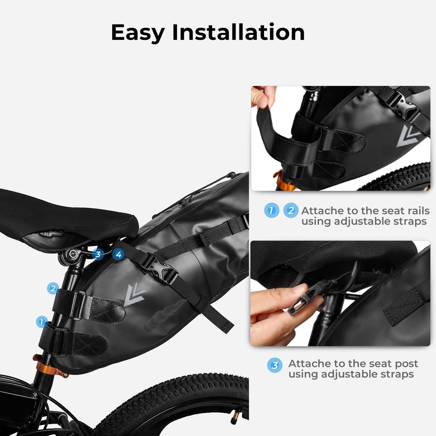 AFISHTOUR Waterproof Bicycle Saddle Bag - 10L Roll-Top Closure Cycling Bike Seat Bag Under Seat Storage Pack for Mountain Road Bike Travel (Black)