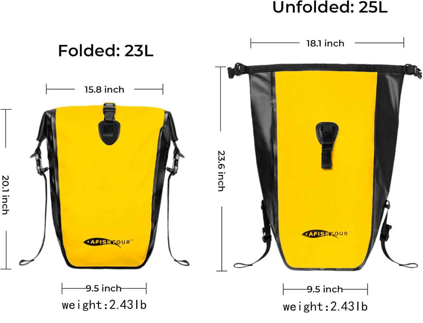 AFISHTOUR Waterproof Bike Panniers  - 25L Saddle Bags for Bicycles Rear Rack - Bike Bag for Grocery, Laptop (Yellow)