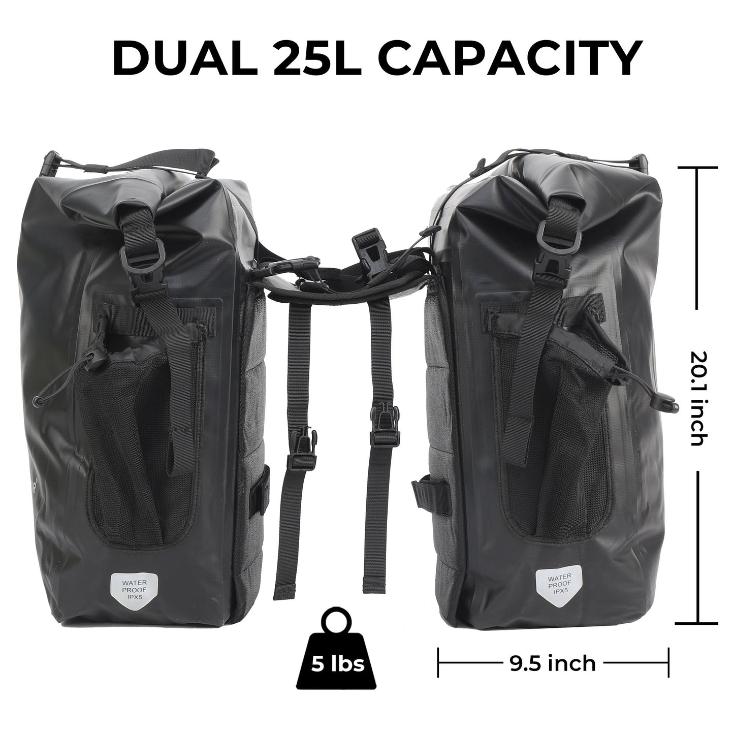 AFISHTOUR Waterproof Bike Panniers  - 50L Saddle Bags for Bicycles Rear Rack - Bike Bag for Grocery, Laptop (Black, 1 Pair)