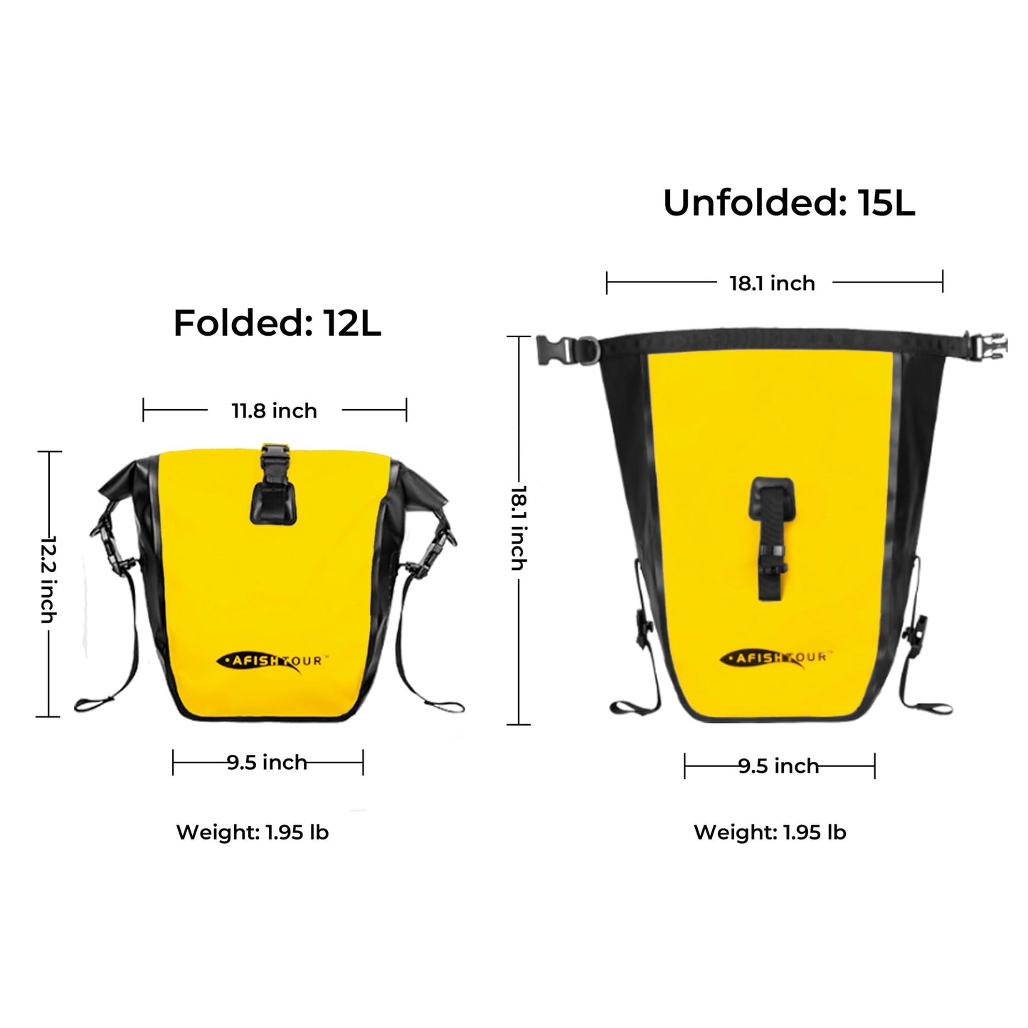 AFISHTOUR Waterproof Bike Panniers  - 15L Saddle Bags for Bicycles Rear Rack - Bike Bag for Grocery, Laptop (Yellow)