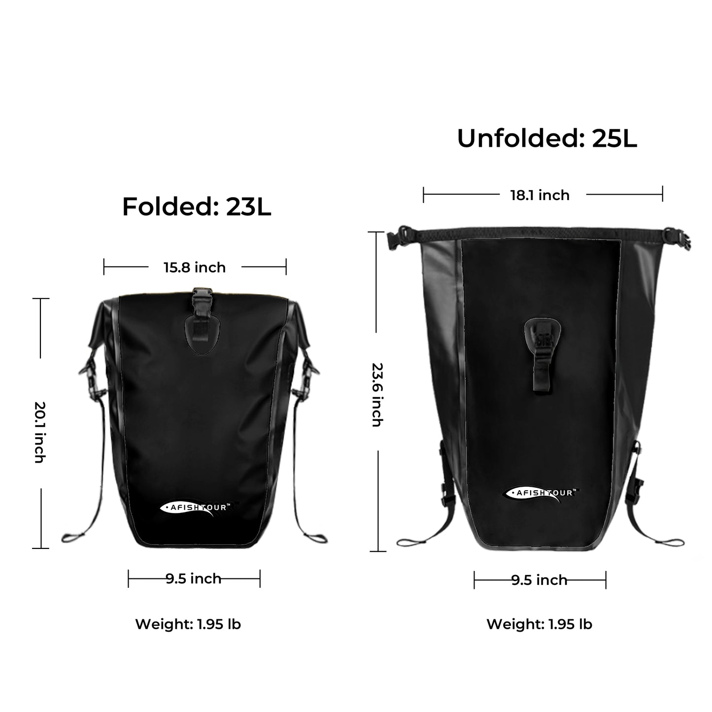 AFISHTOUR Waterproof Bike Panniers  - 25L Saddle Bags for Bicycles Rear Rack - Bike Bag for Grocery, Laptop (Black)